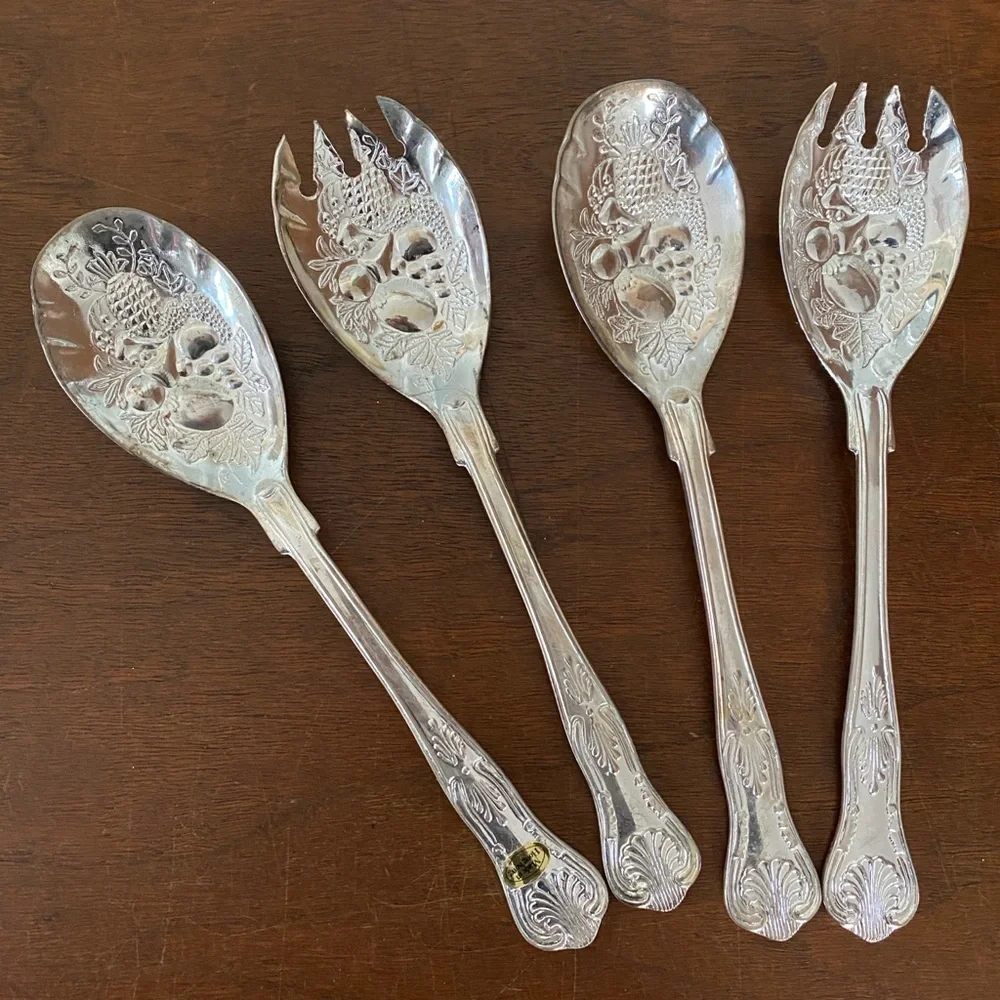 Vintage Salad Set pair of silverplated spoon & tongs server sets w/ fruit design